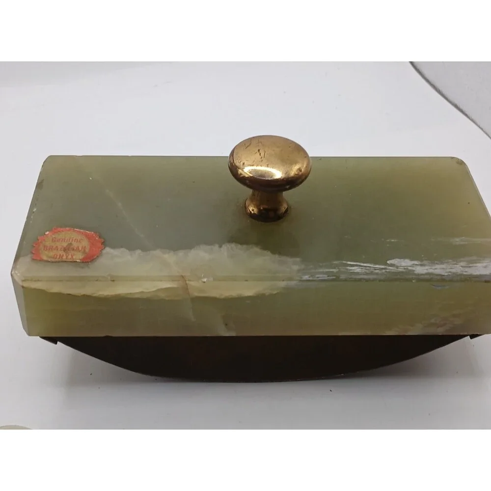 Vintage Genuine Brazilian Onyx Green Ink Roller Blotter Brass Handle 5